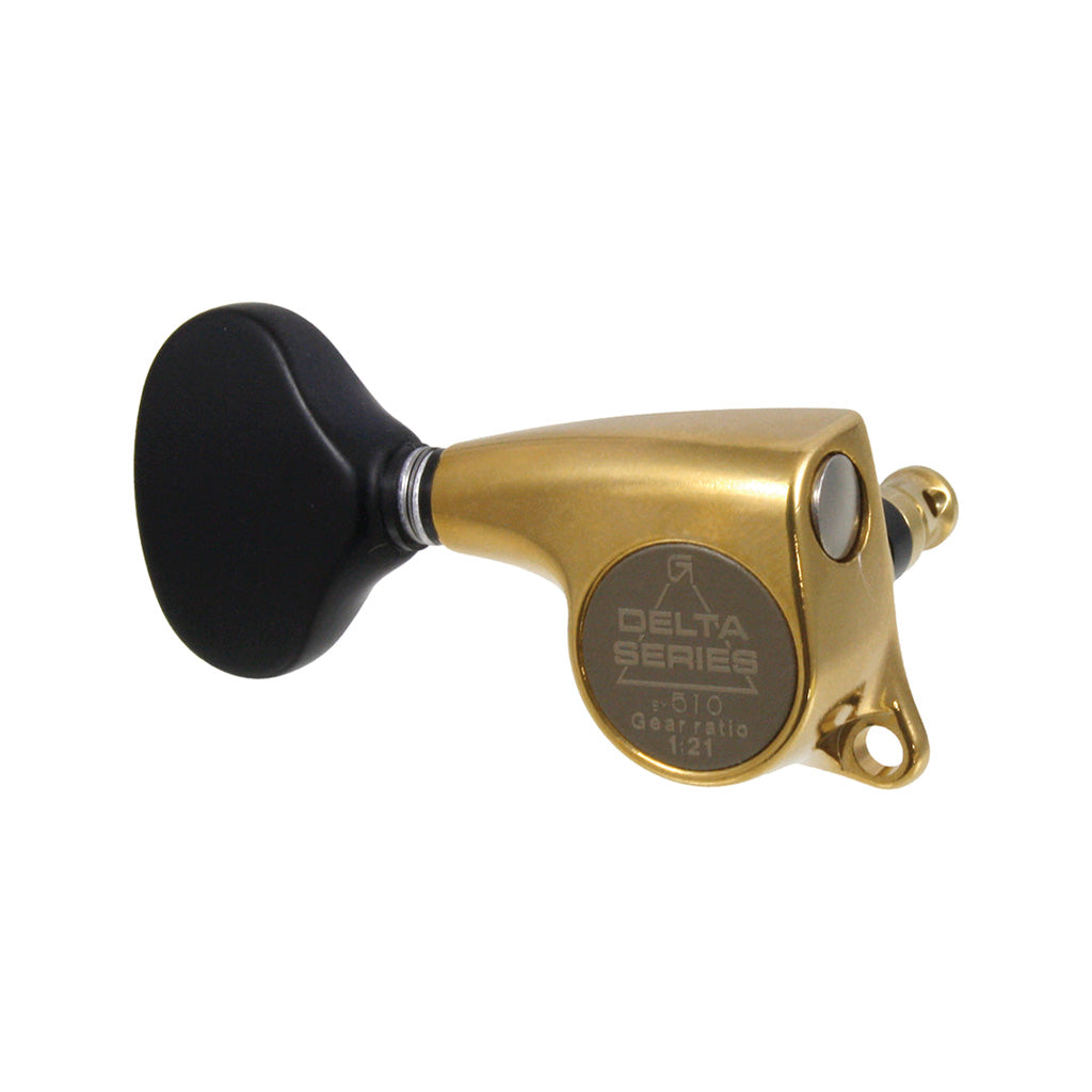 Allparts Delta Series Gotoh 510 Tuning Keys, Set of 6 Antique Gold Tuners with Black Phenolic Buttons, Model TK - 7263