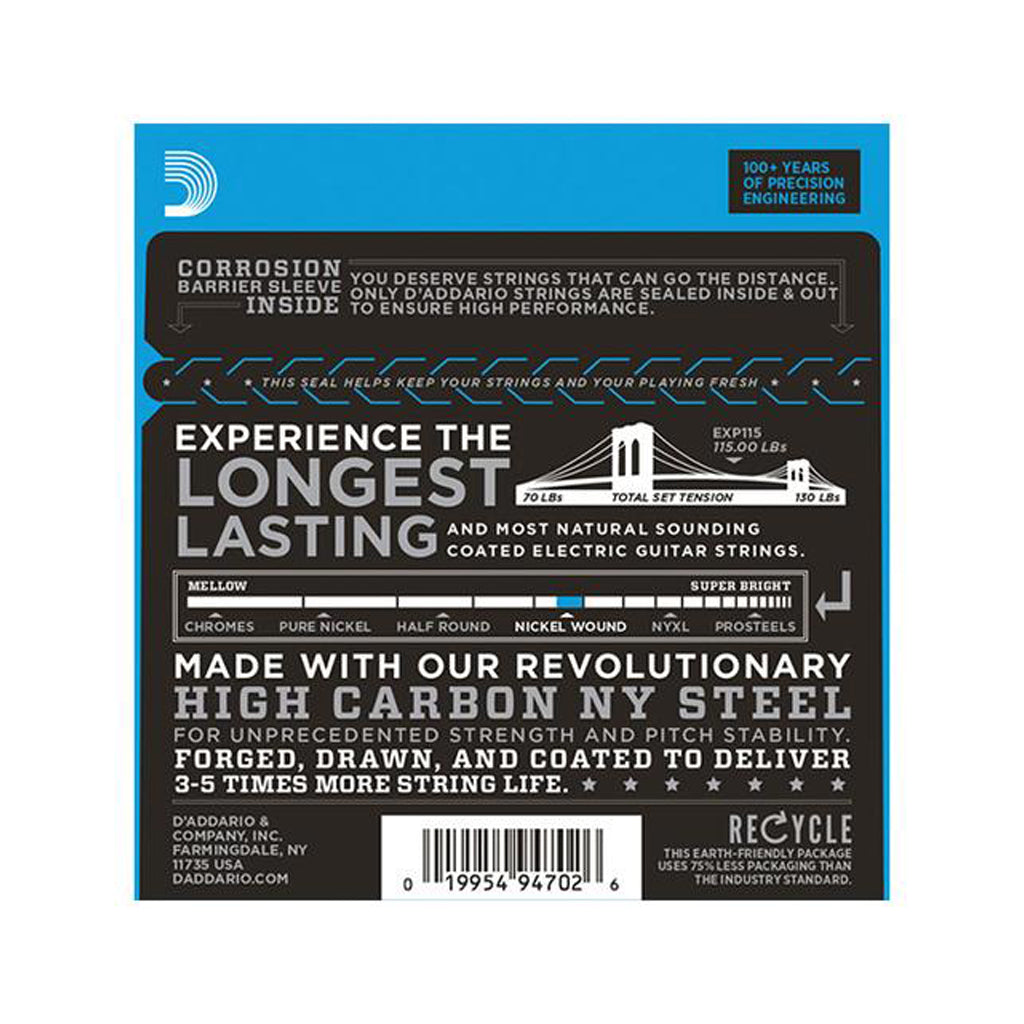 D'Addario EXP115 Coated Nickel Wound Electric Guitar Strings for Medium, Blues, and Jazz Styles with Gauge 11 - 49