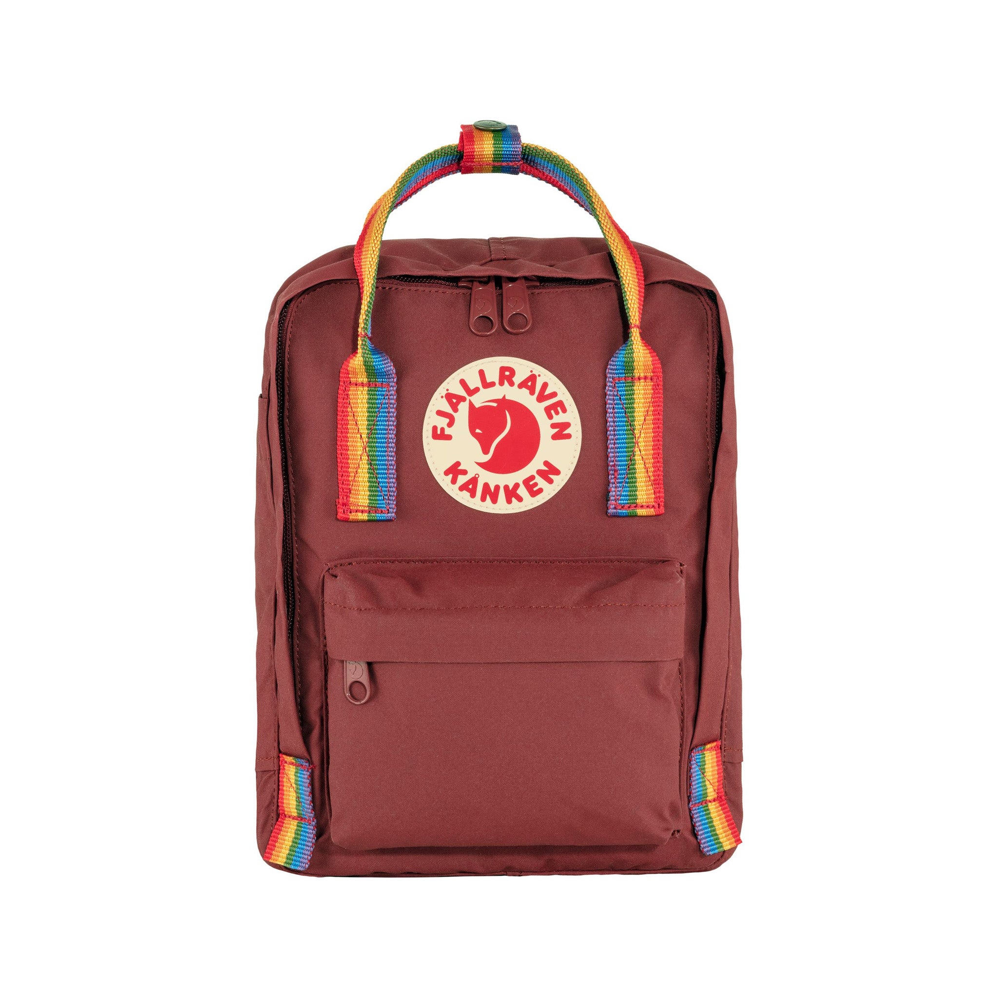 Fjallraven Kanken Mini Backpack in Ox Red with Rainbow Pattern - Ideal for All Ages