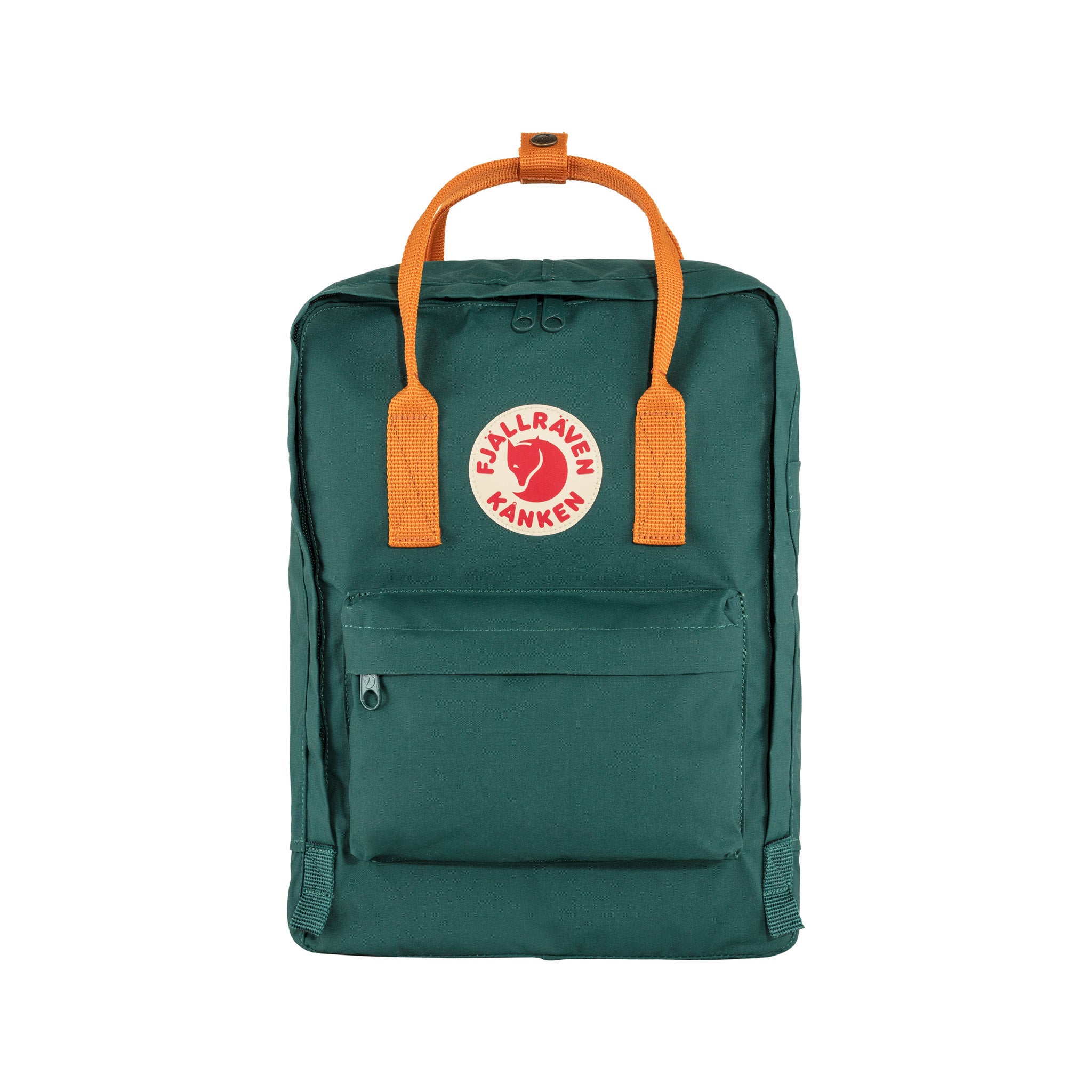 Fjallraven Kanken Classic Backpack in Arctic Green and Spicy Orange Colors