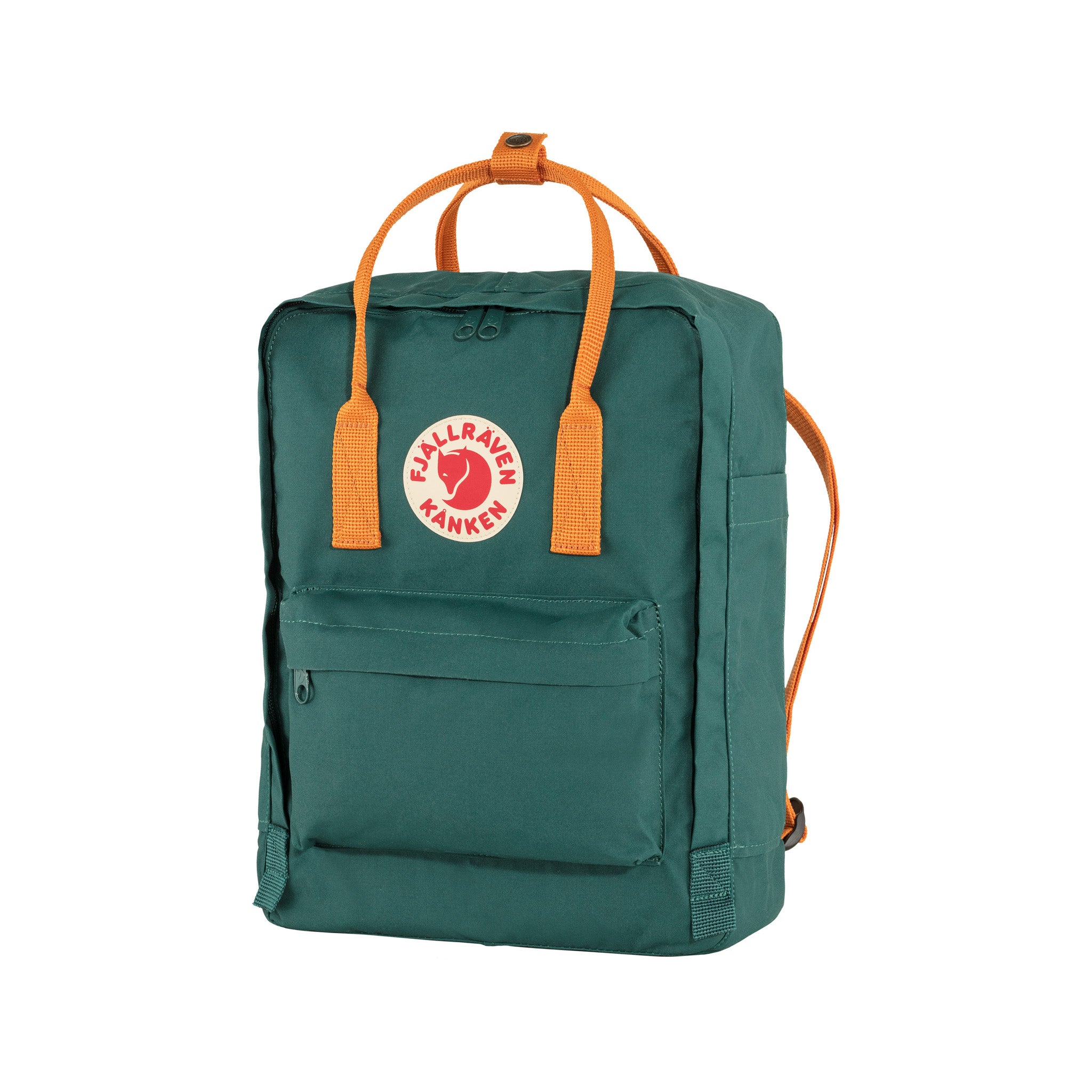 Fjallraven Kanken Classic Backpack in Arctic Green and Spicy Orange Colors
