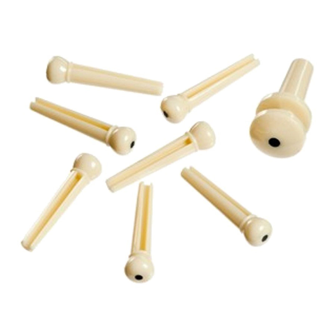 D'Addario PWPS12 Set of 7 Ivory Molded Bridge Pins with Black Dot and End Pin