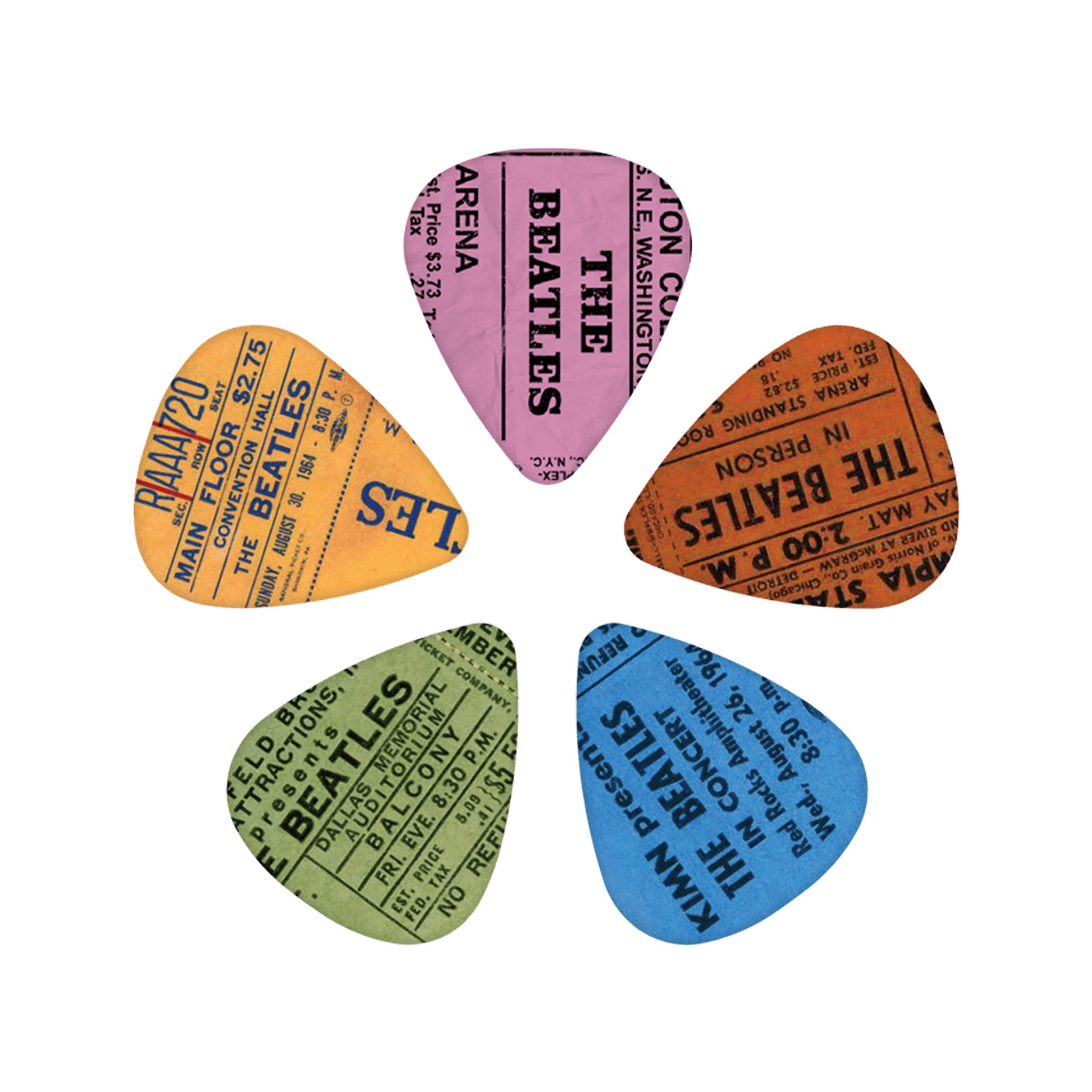 D'Addario 10-Pack Medium 0.70mm Guitar Picks Inspired by The Beatles 1964 US Tour Ticket Stubs