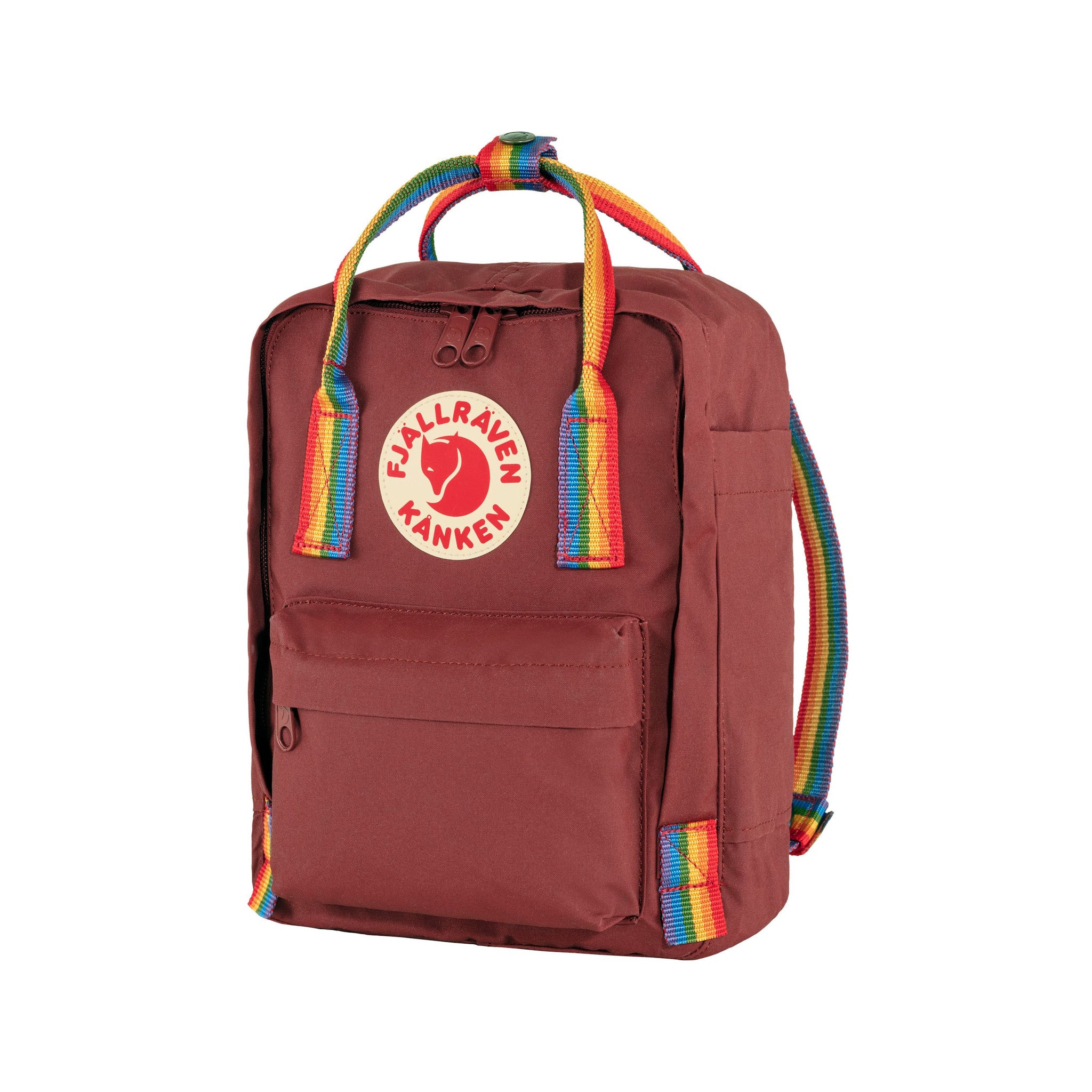 Fjallraven Kanken Mini Backpack in Ox Red with Rainbow Pattern - Ideal for All Ages