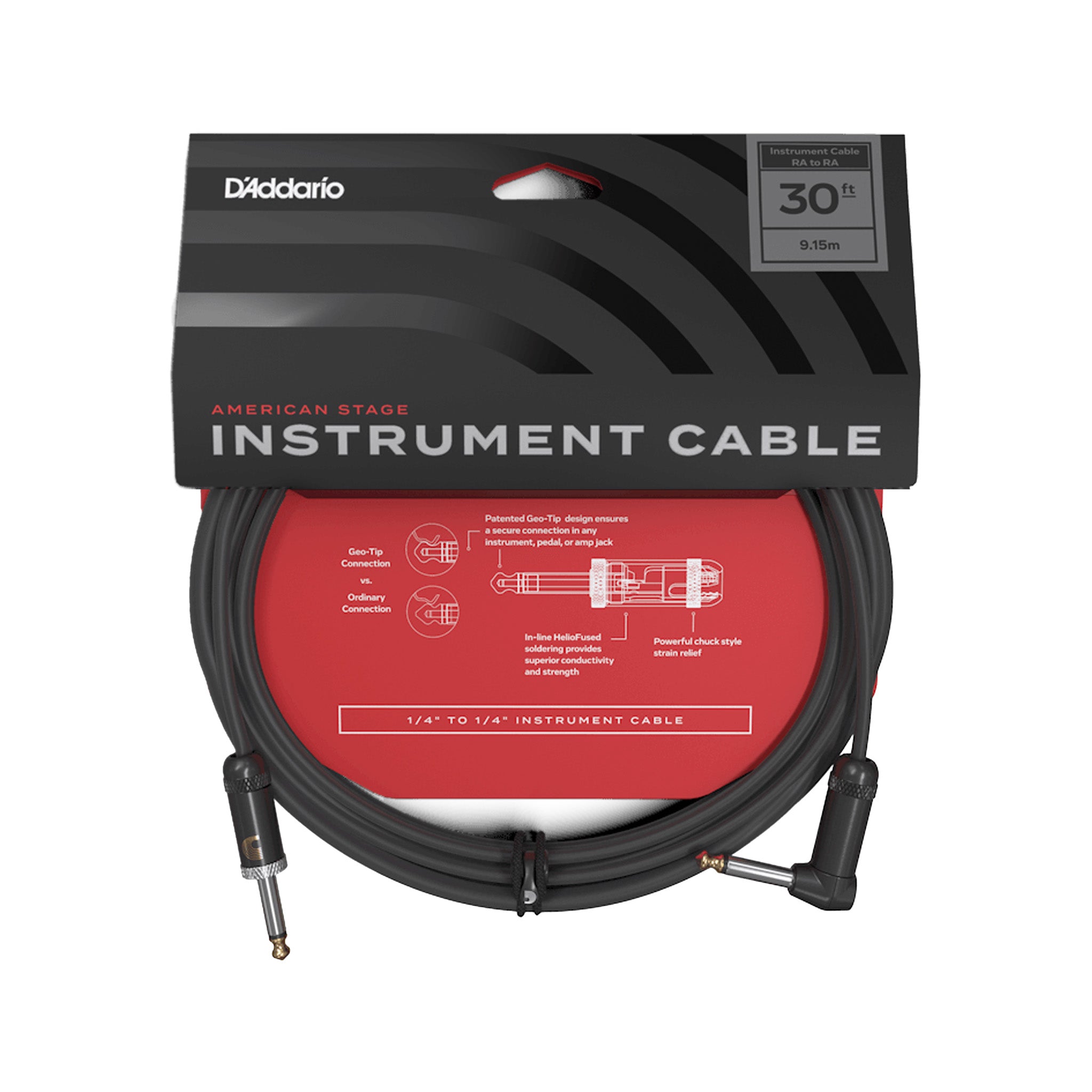 D'Addario Professional American Stage Instrument Audio Cable - 30 Feet, Right Angle to Straight Connector for Guitar, Bass and More