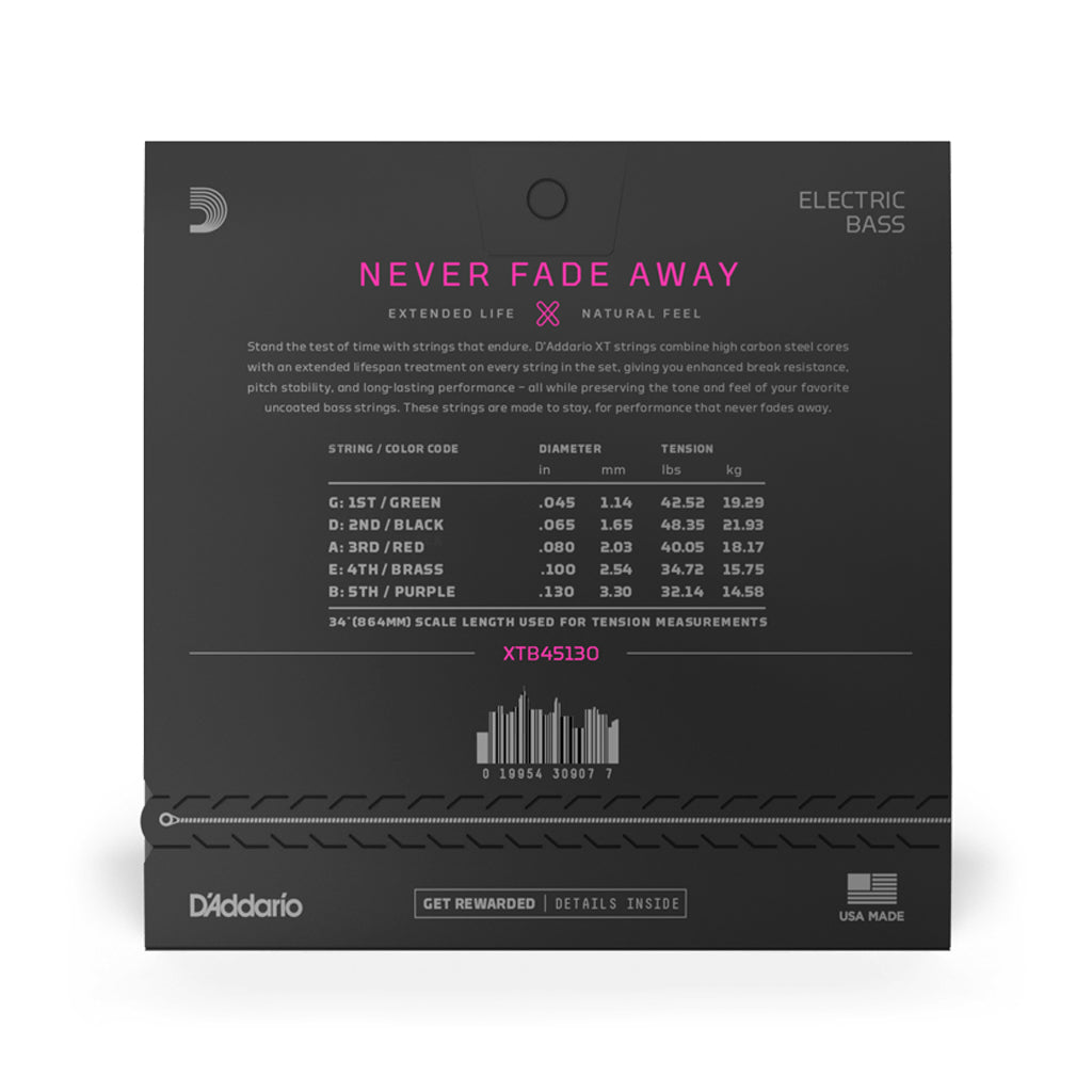 D'Addario XT Nickel Plated Steel 5-String Long Scale Bass Guitar Strings (Gauge 45-130) - Ideal for Bass Guitar in All Genres