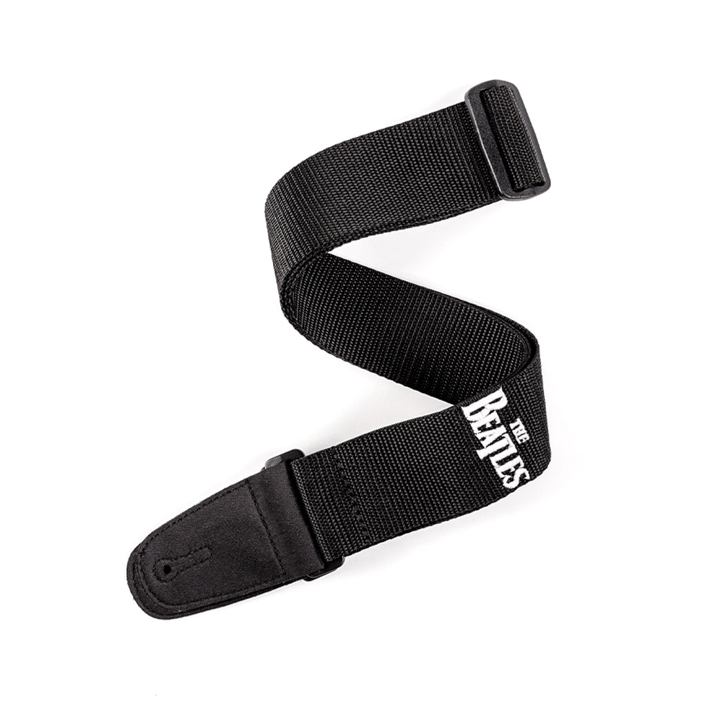 D'Addario Black Polypro Guitar Strap Featuring Embroidered Art of the Iconic Beatles Logo - Ideal for Guitar Enthusiasts
