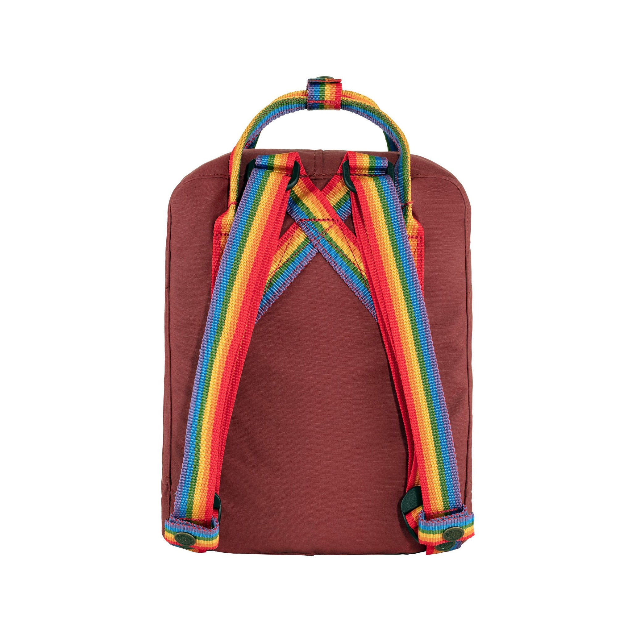 Fjallraven Kanken Mini Backpack in Ox Red with Rainbow Pattern - Ideal for All Ages