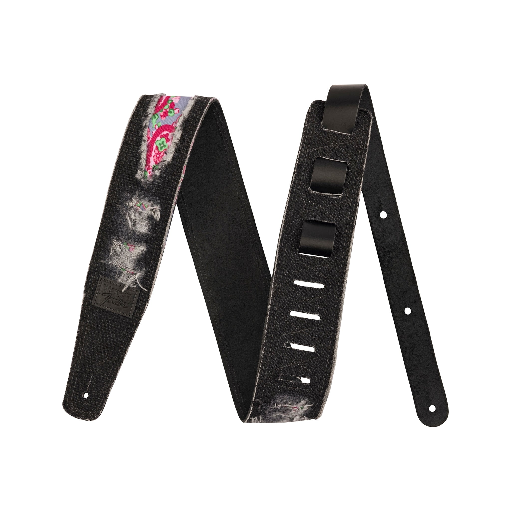 Black Fender X Wrangler Ripped Paisley Design Denim Guitar Straps for Music Enthusiasts