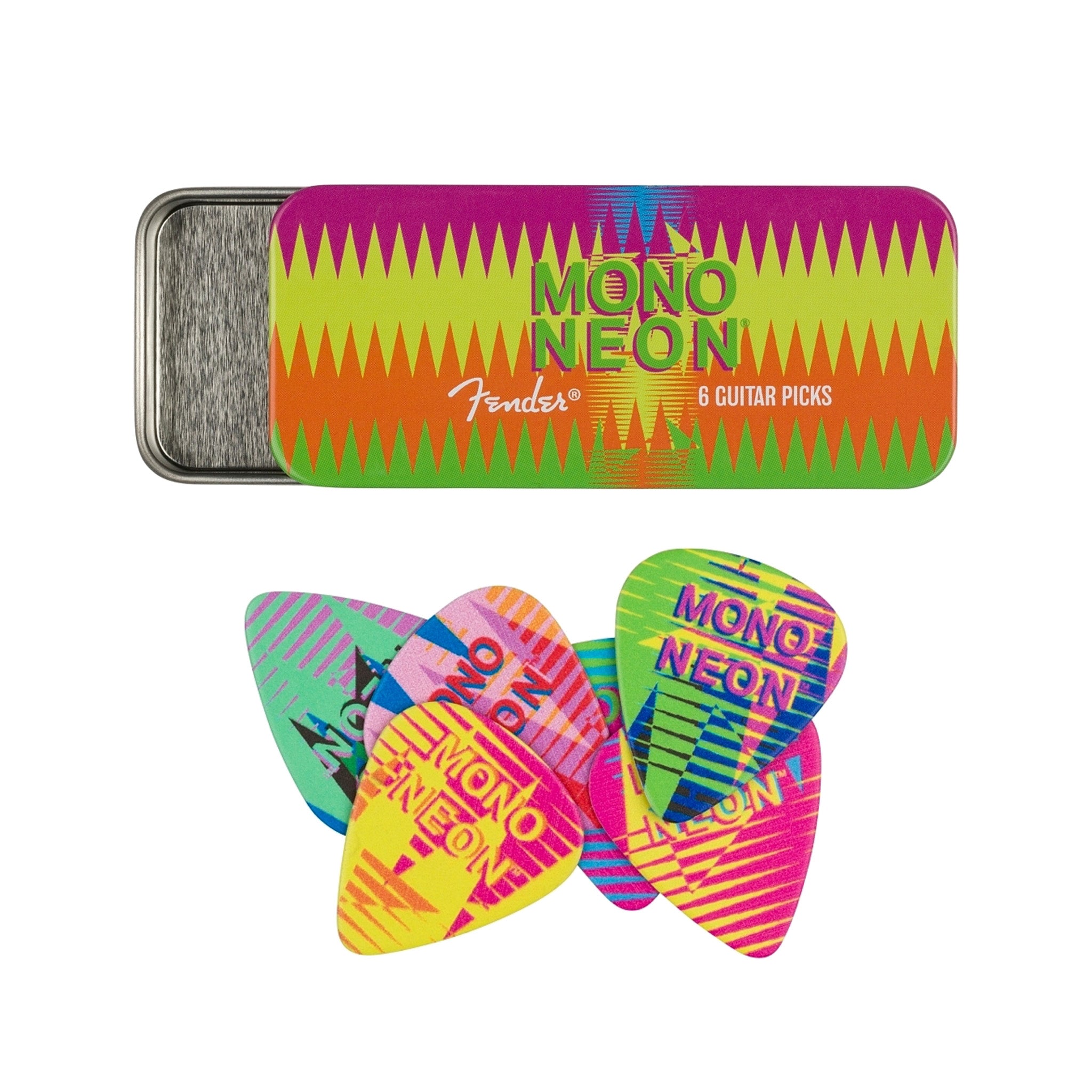 Fender MonoNeon Medium-sized Guitar Pick Tin, 6-piece Pack for Music Enthusiasts
