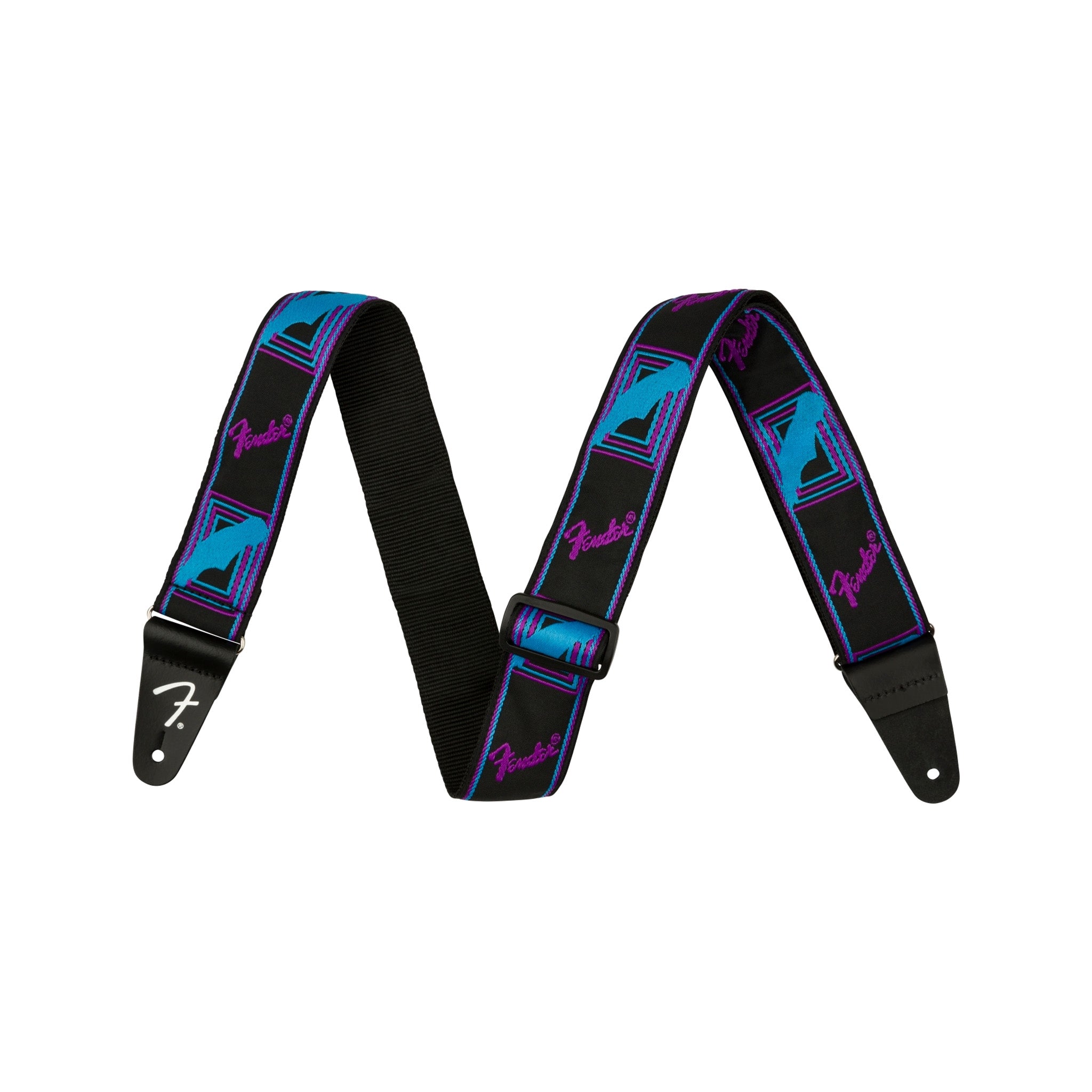 Fender Electric Guitar Strap with Neon Monogram in Striking Purple and Blue Colors