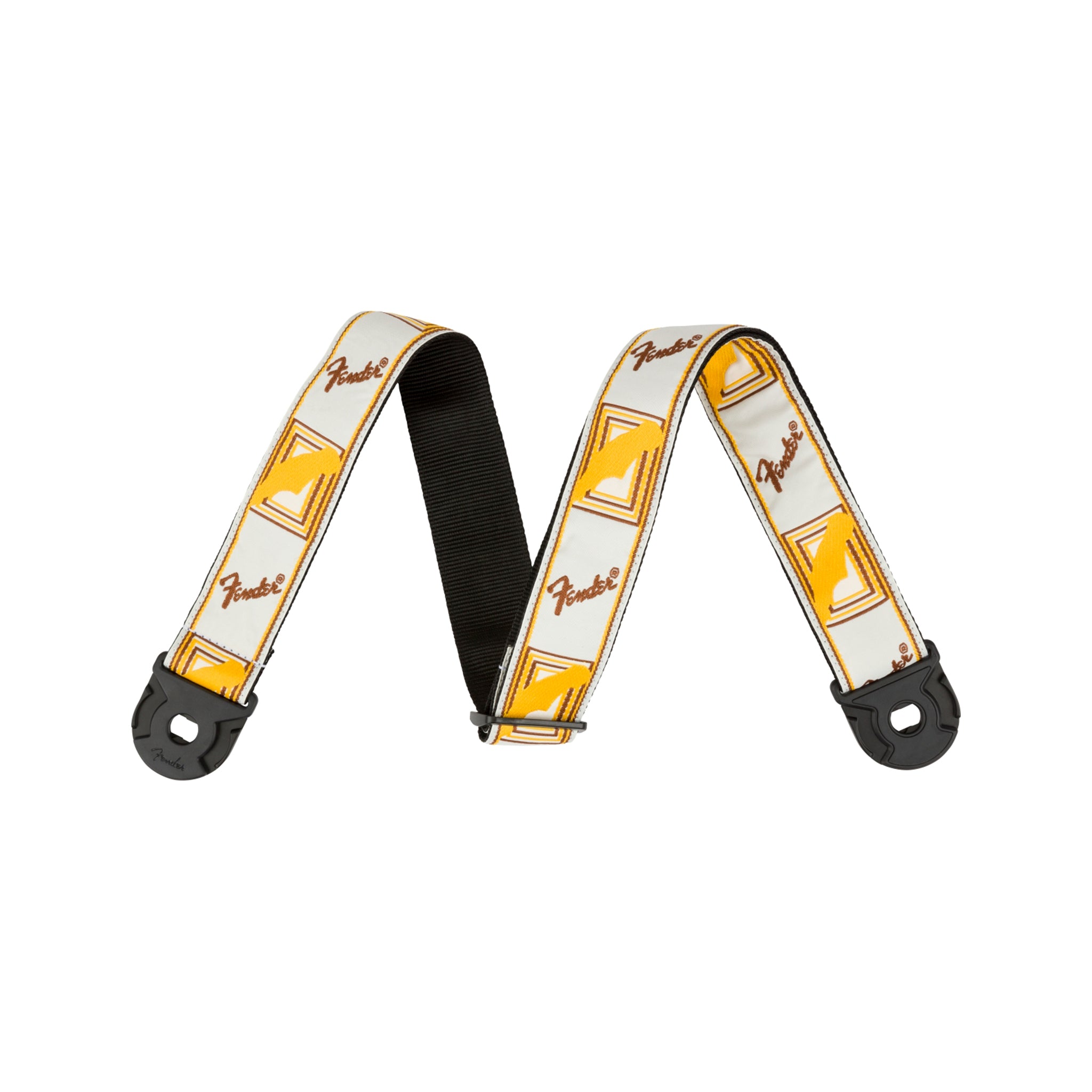 Fender Quickgrip Monogrammed Guitar Strap in Stylish White, Bright Yellow, and Earthy Brown Colors