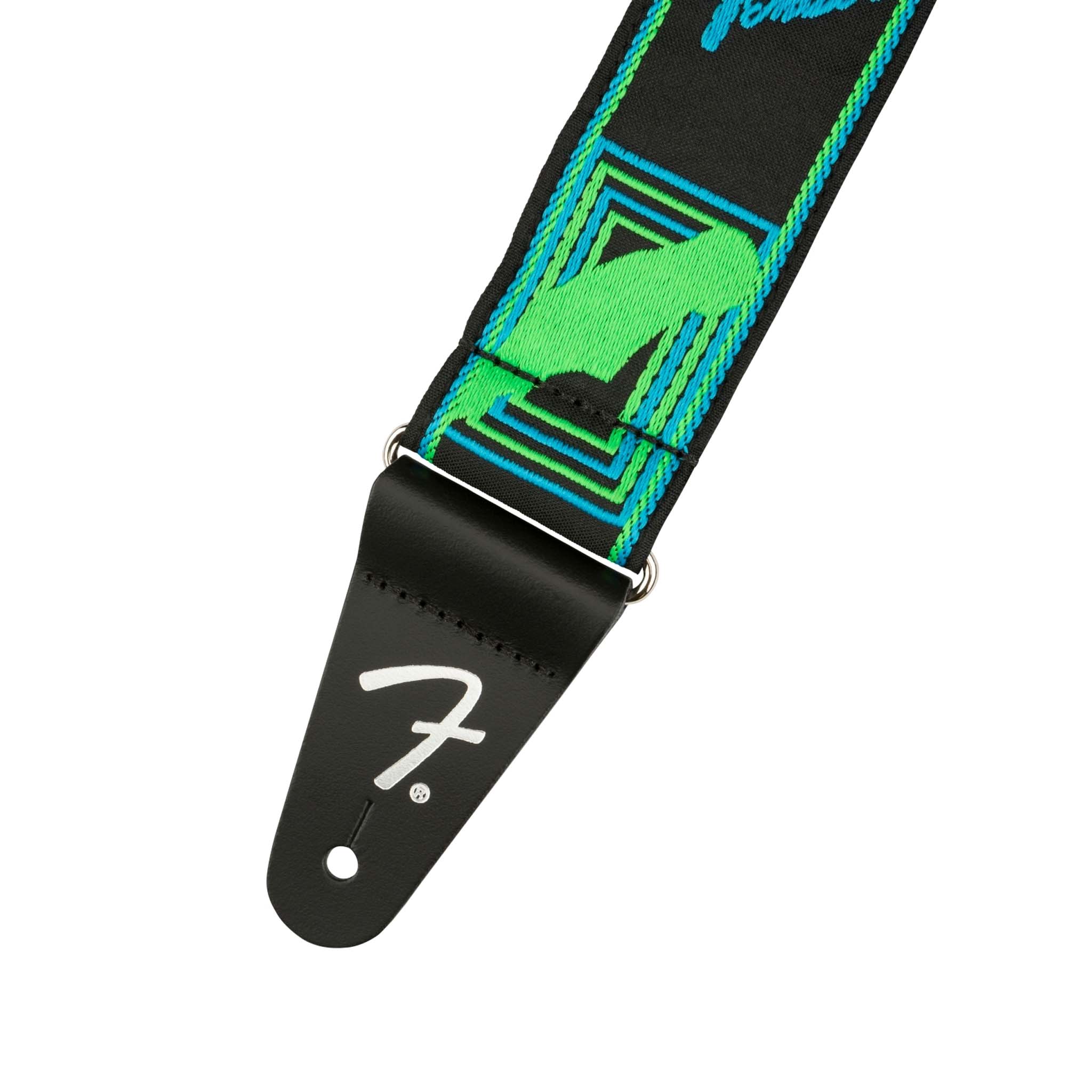 Fender Neon Monogram Design Electric Guitar Strap in Striking Green and Blue Colors