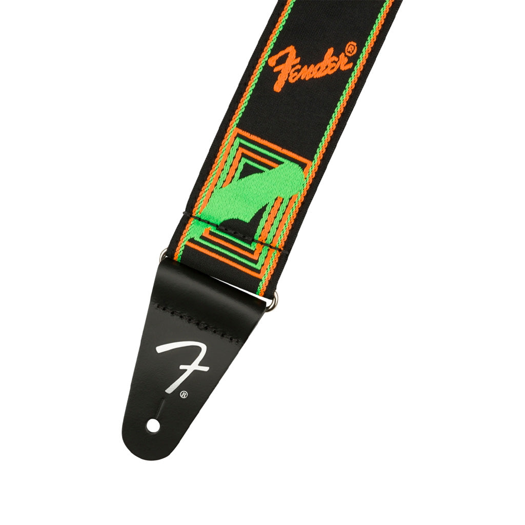 Fender Electric Guitar Strap with Neon Green and Orange Monogram Design