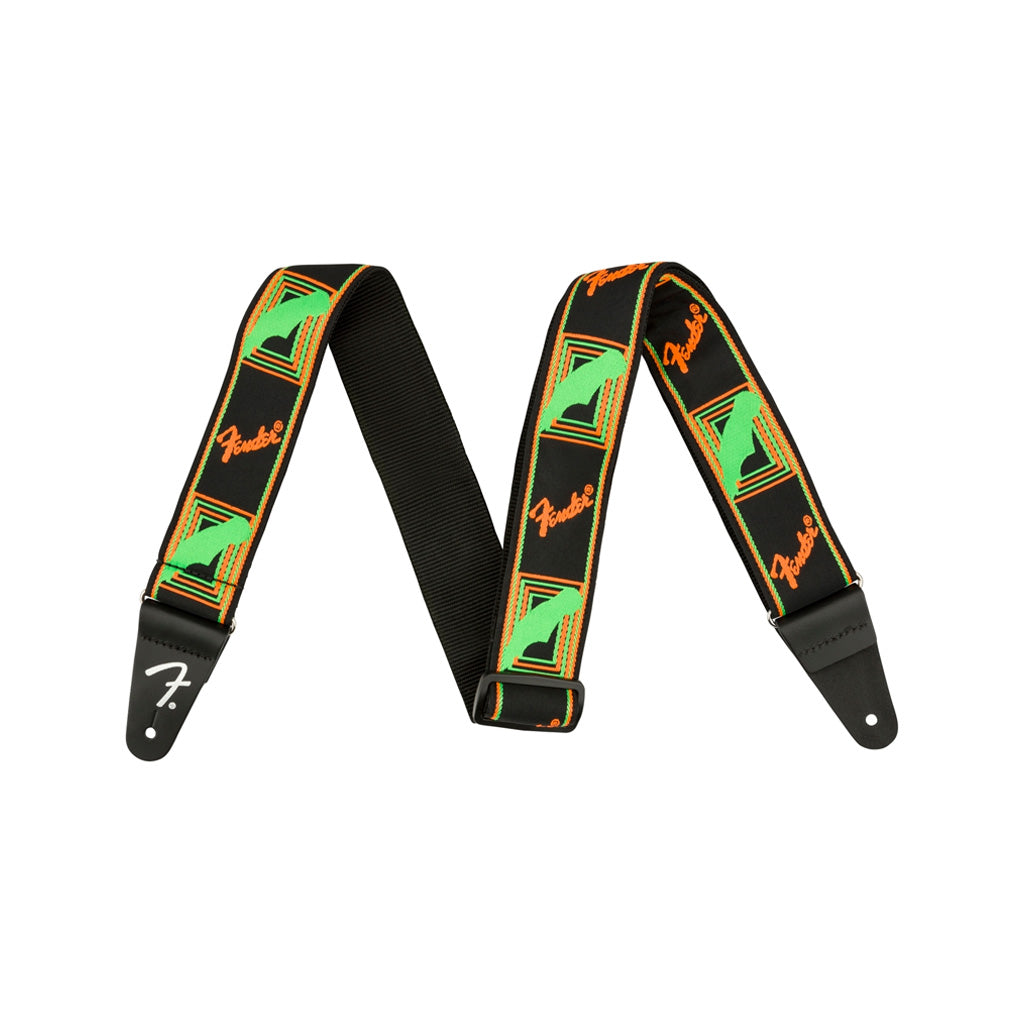 Fender Electric Guitar Strap with Neon Green and Orange Monogram Design
