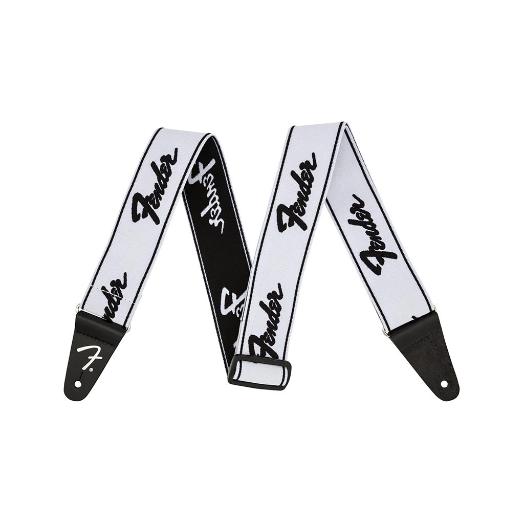 Fender 2-inch White/Black Weighless Running Logo Elastic Guitar Strap