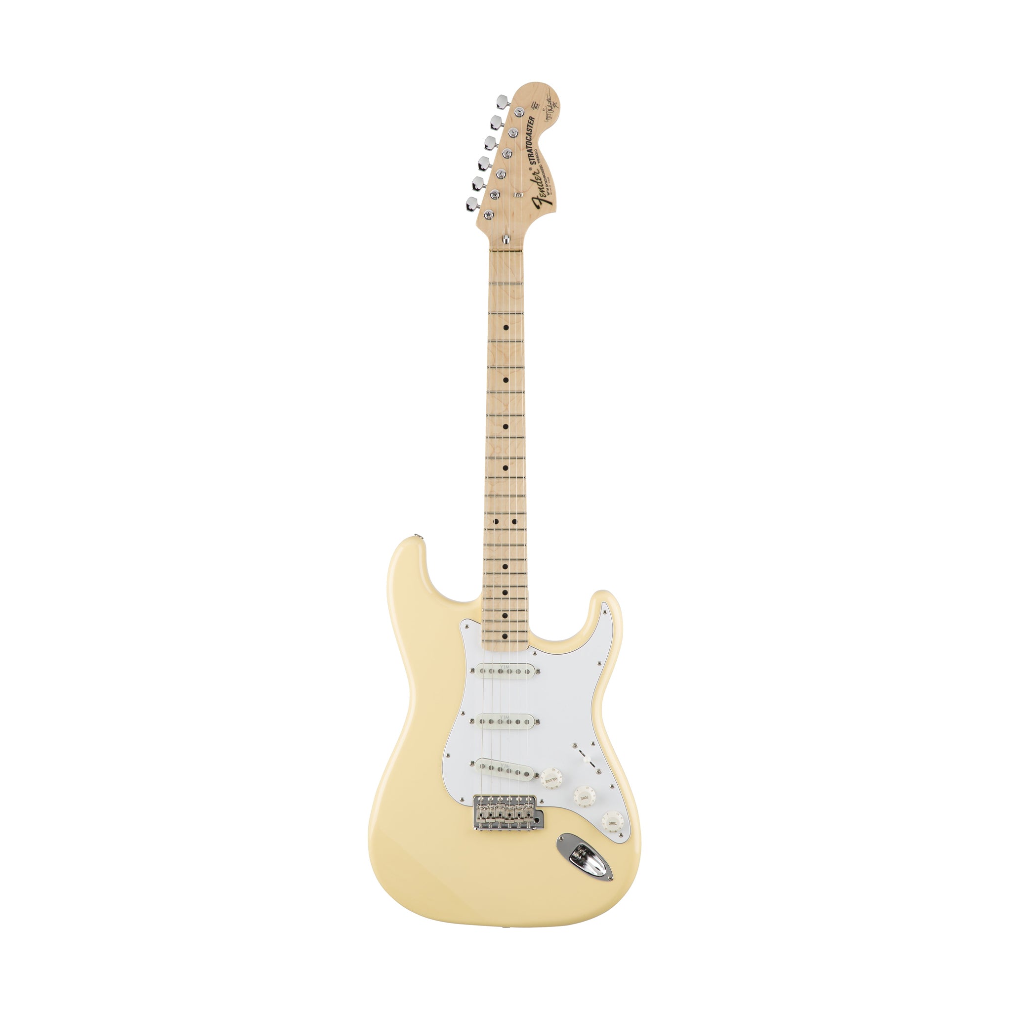 Fender Japan Electric Guitar - Yngwie Malmsteen Signature Stratocaster with Gigbag in Yellow and White Color Scheme