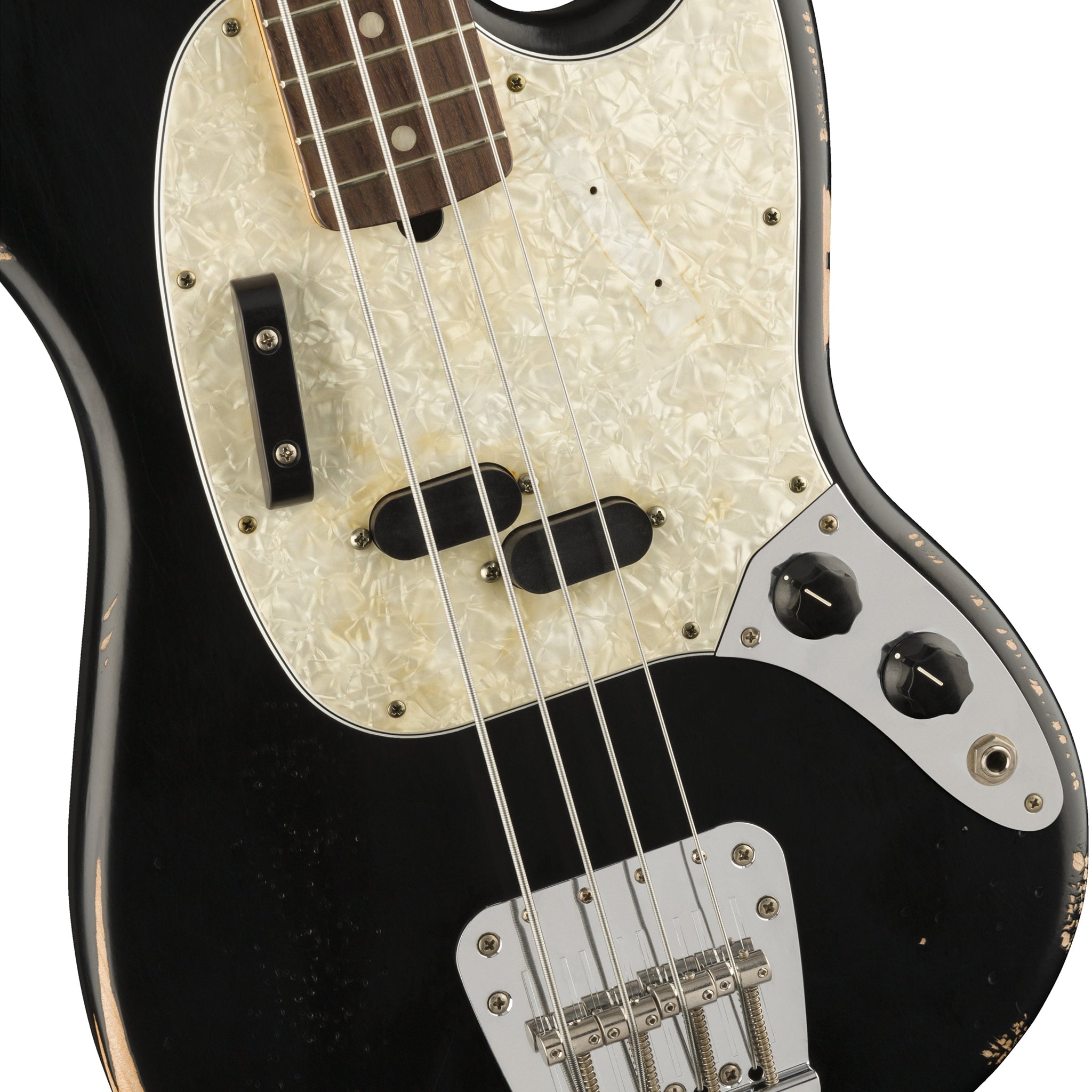 Black Fender Road Worn Mustang Bass Guitar by Justin Meldal - Johnson