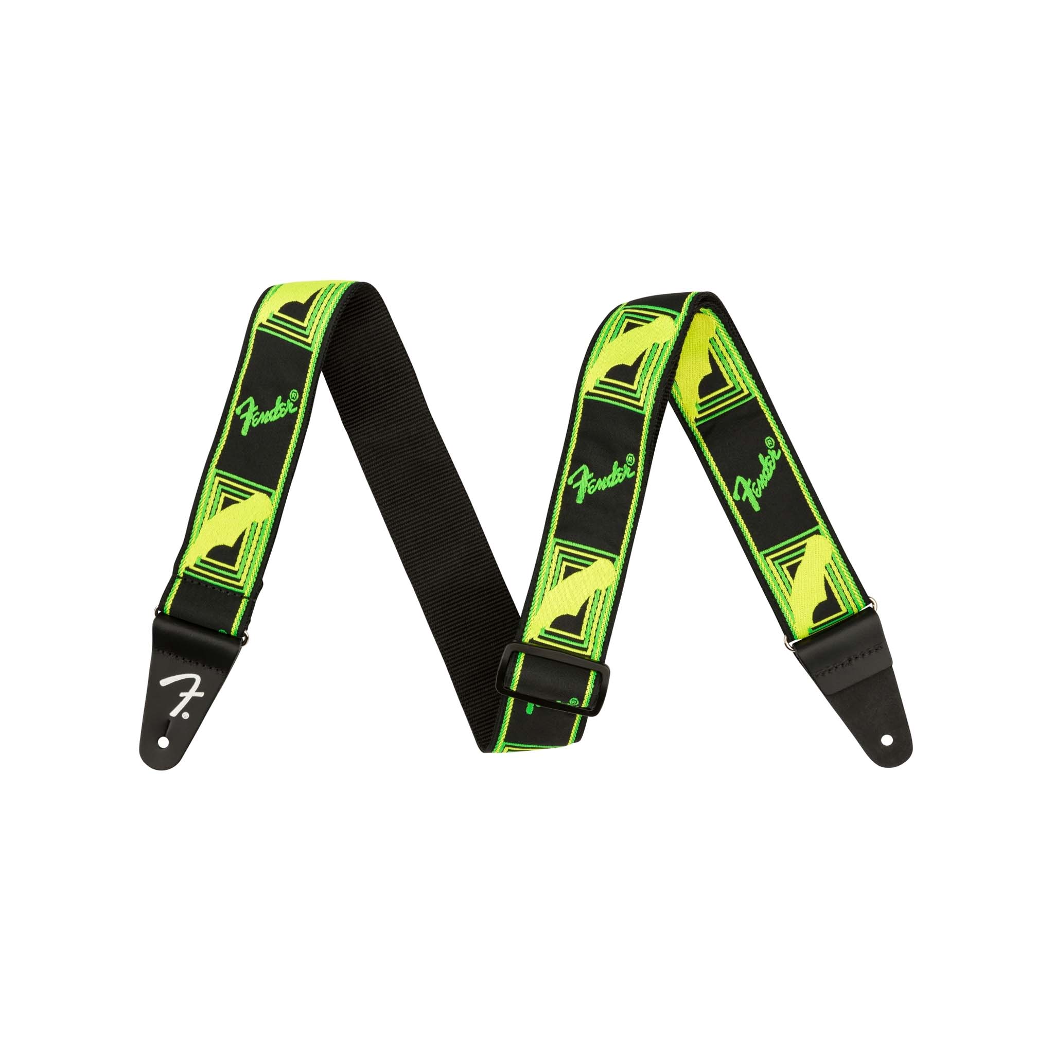 Fender Electric Neon Monogram Design Guitar Strap in Vibrant Green and Yellow Colors