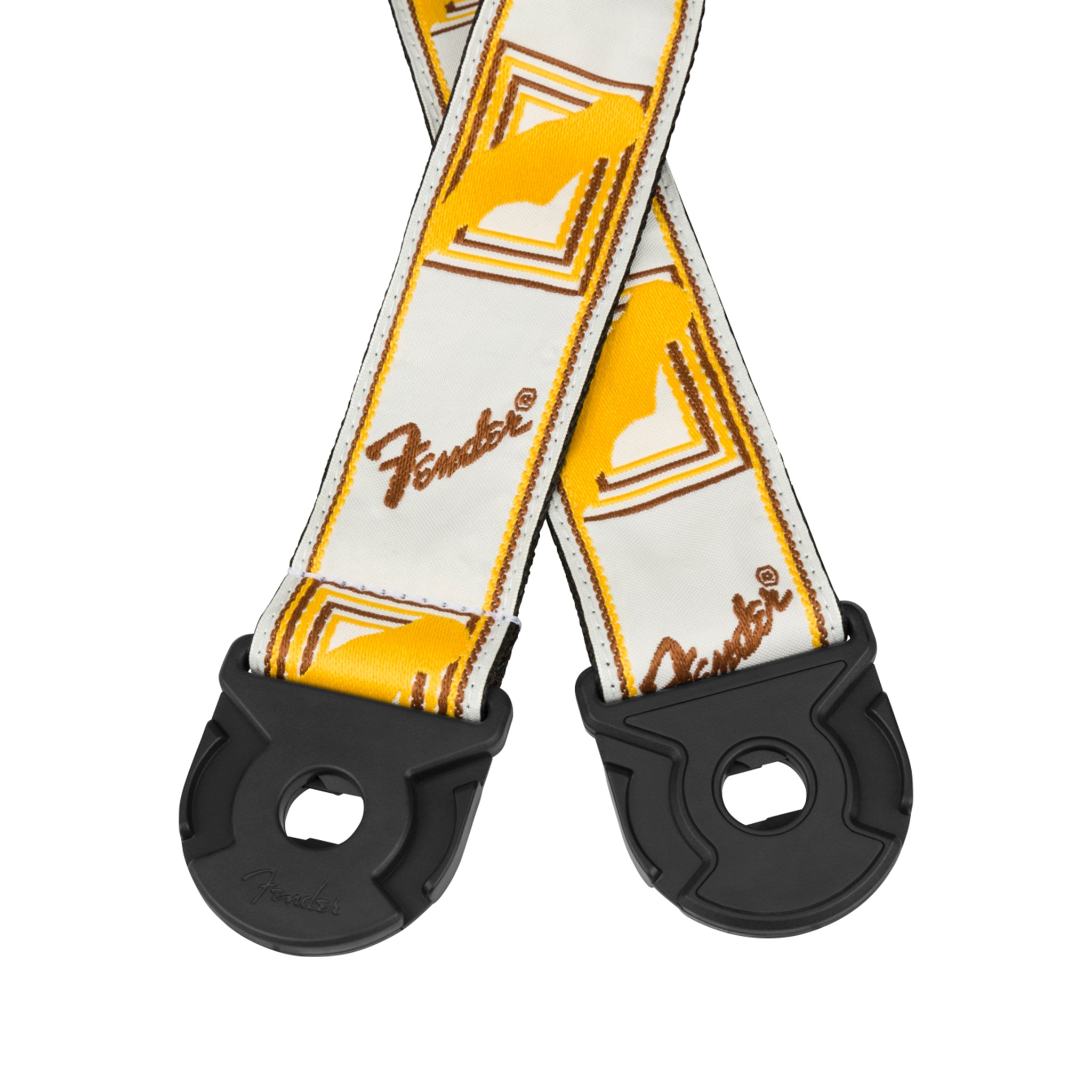 Fender Quickgrip Monogrammed Guitar Strap in Stylish White, Bright Yellow, and Earthy Brown Colors