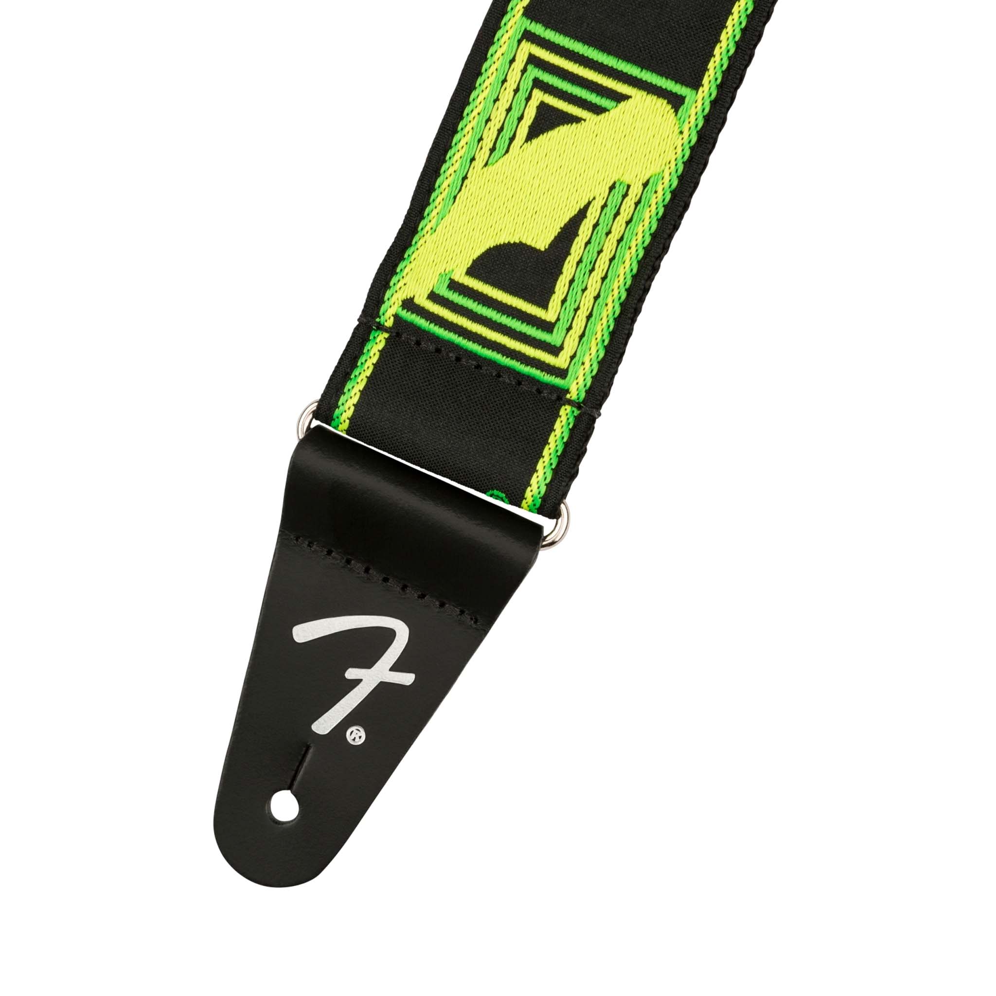 Fender Electric Neon Monogram Design Guitar Strap in Vibrant Green and Yellow Colors