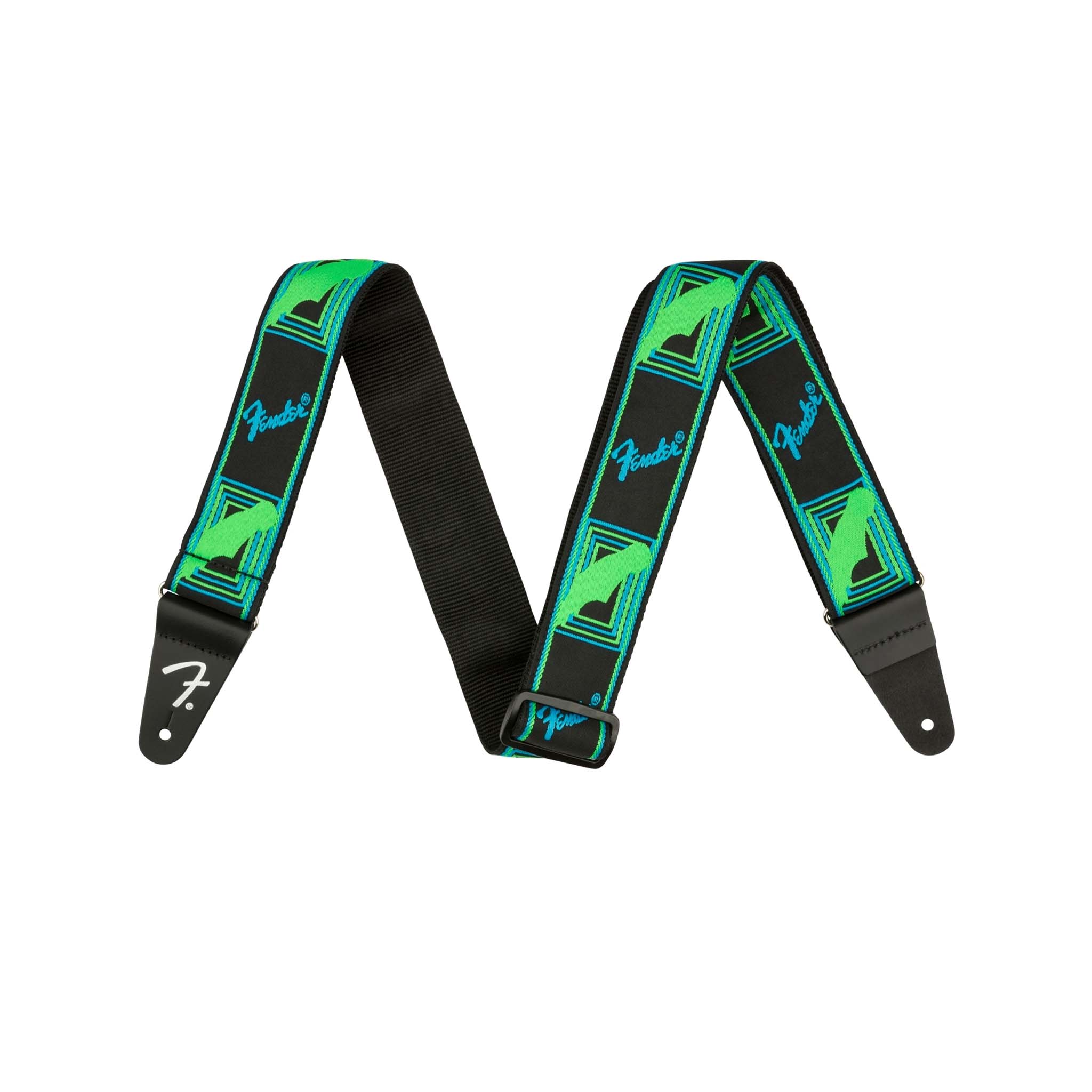 Fender Neon Monogram Design Electric Guitar Strap in Striking Green and Blue Colors