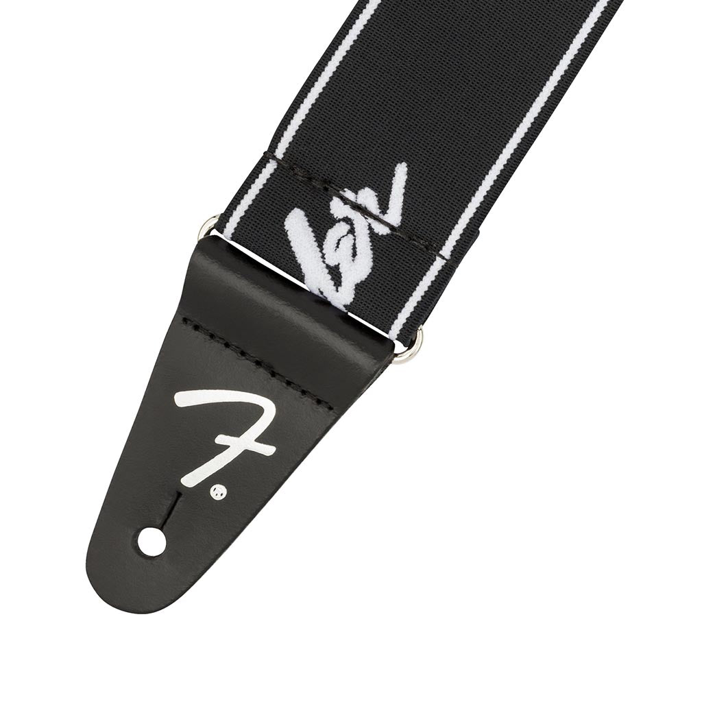 Fender Weighless Elastic Guitar Strap with Running Logo, Black and White Color Scheme, 2-Inch Width