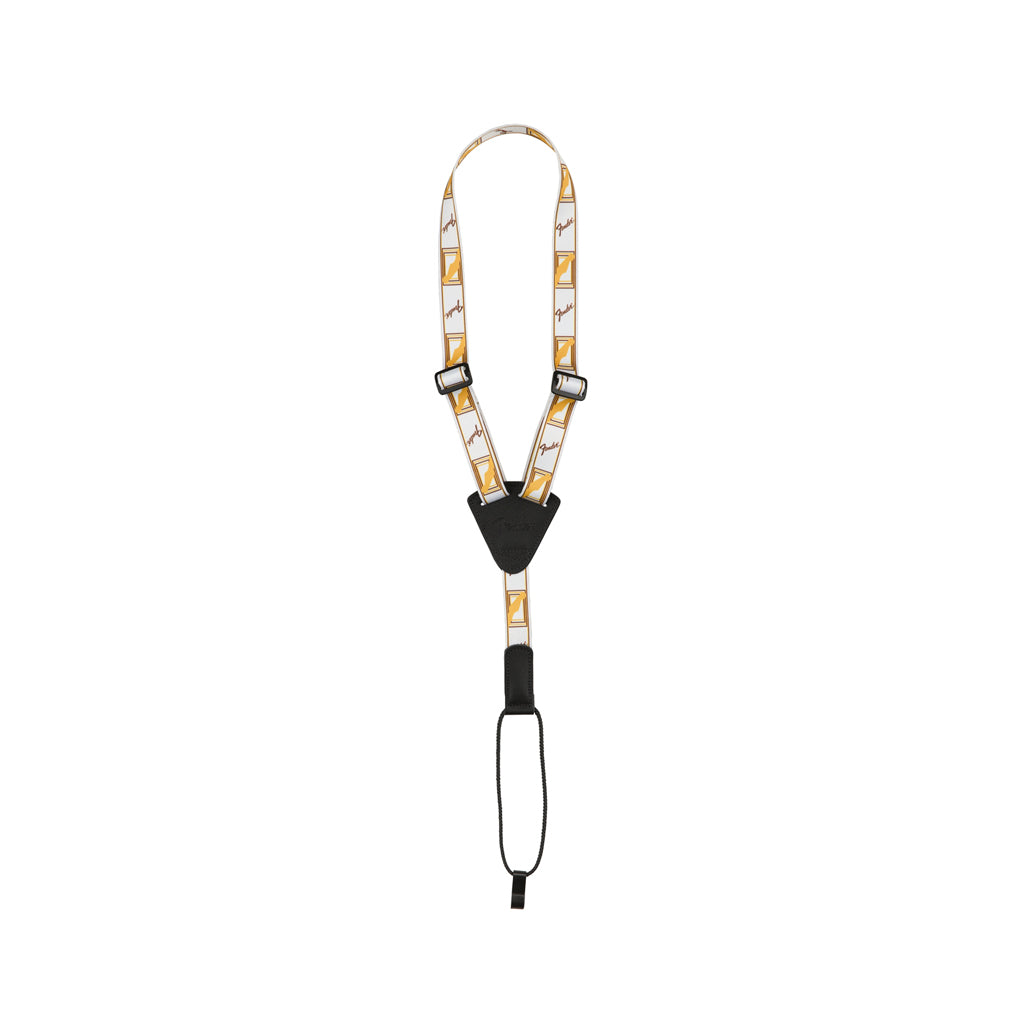 Fender Custom Monogrammed Ukulele Strap in White, Brown, and Yellow Colors