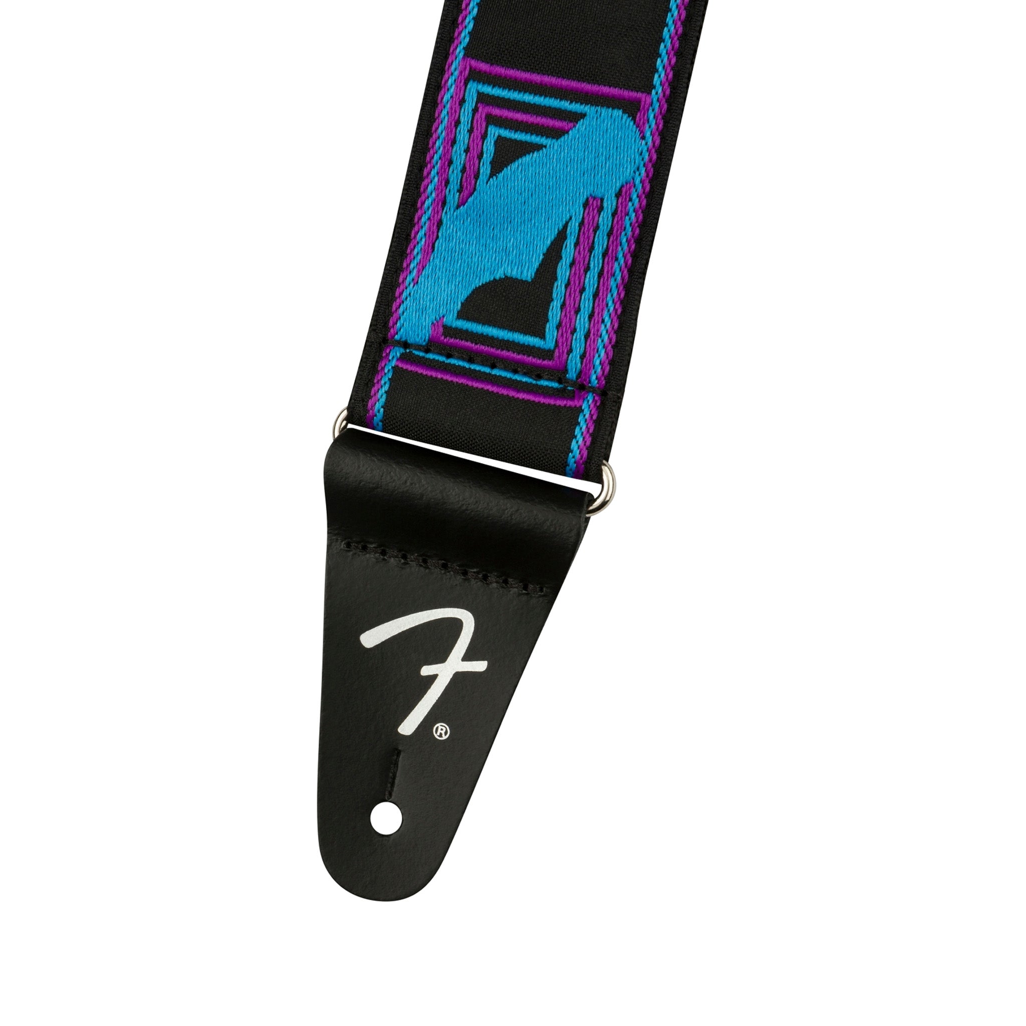 Fender Electric Guitar Strap with Neon Monogram in Striking Purple and Blue Colors